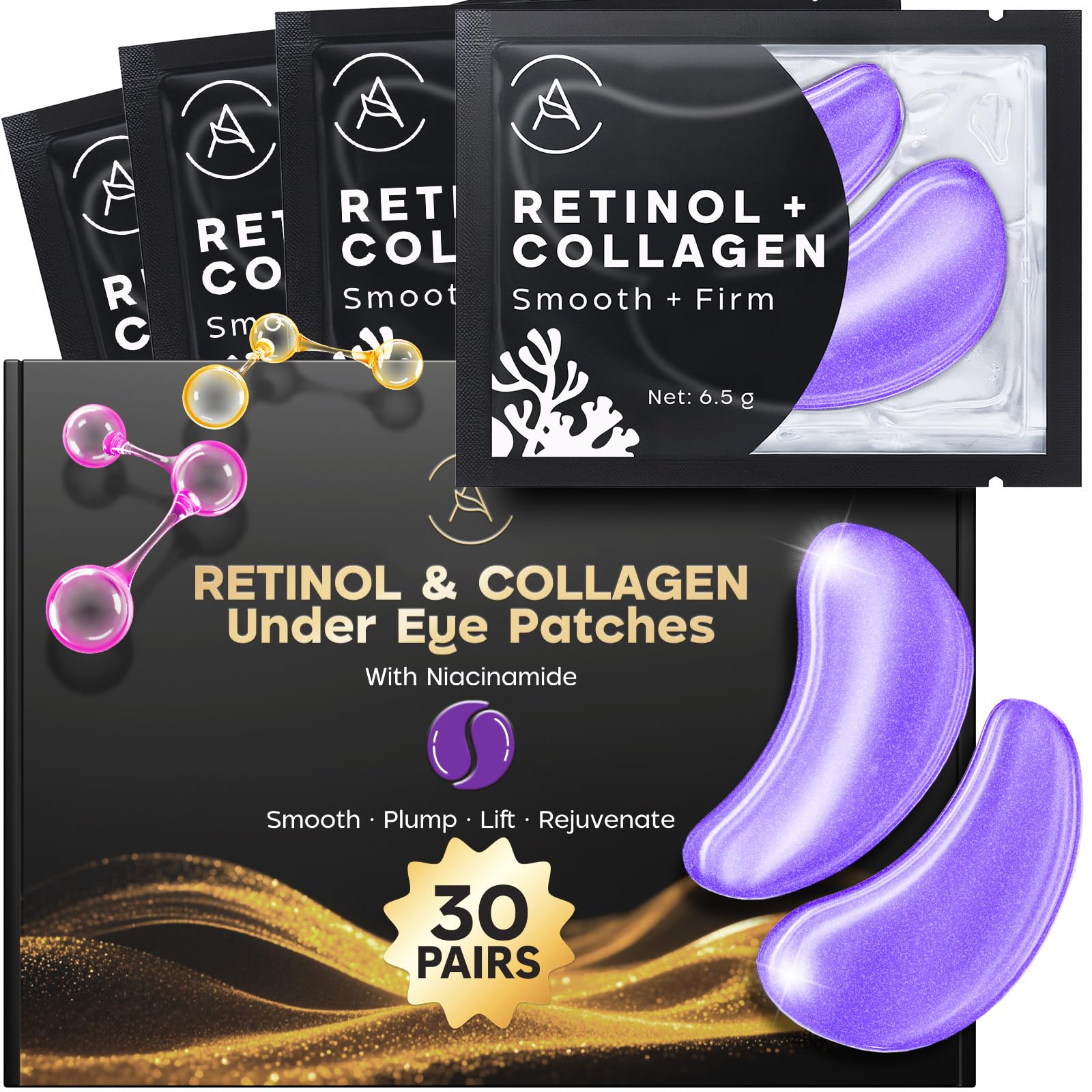 AURAE Retinol & Collagen Under Eye Patches (30 Pairs) - For Dark Circles & Puffy Eyes - Eye Care Mask