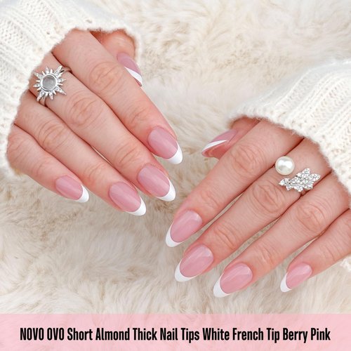 NOVO OVO Almond Short White French Tip Nail Tips Press on BERRY PINK, Extra Thick Full Cover False Fake Nails, Need Builder Gel Top Coat & Glue, for Salon DIY Acrylic Extension x 16 Sizes 224 pcs