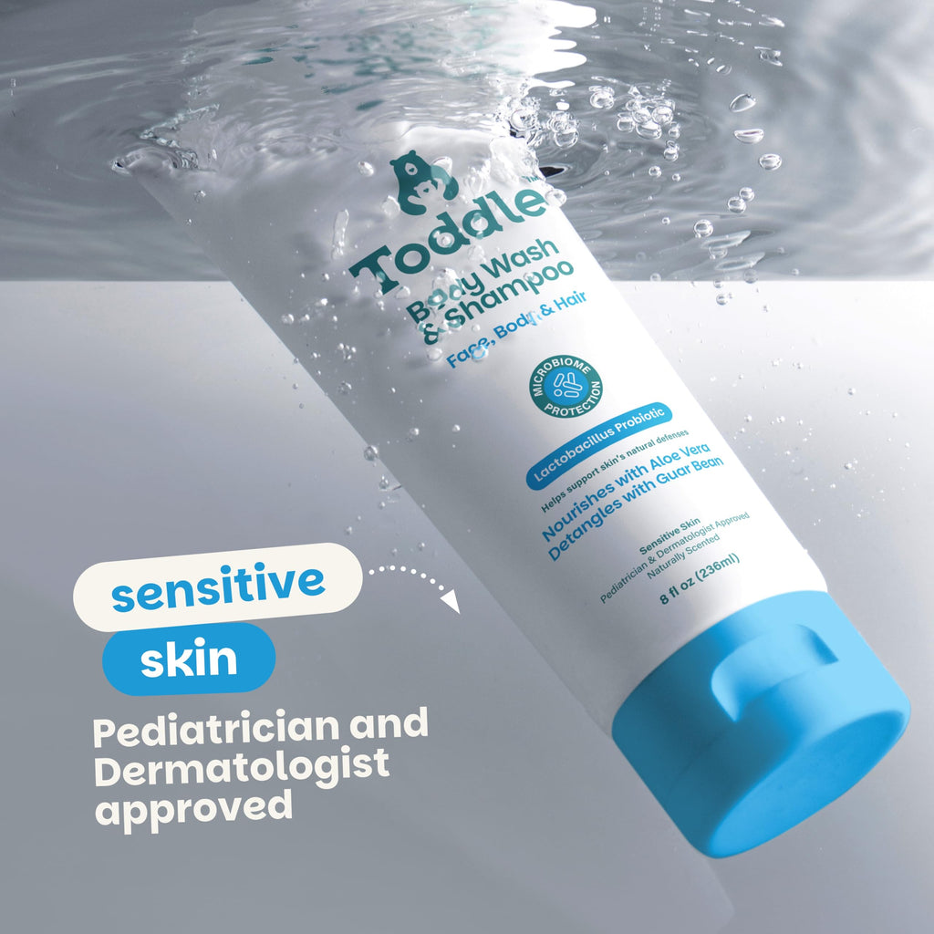 Toddle 3-in-1 Probiotic Baby Shampoo and Body Wash, Plant-Based Kids’ and Toddler Body Wash for Sensitive Skin with Aloe and Lactic Acid, Fragrance-Free, Pediatrician Tested 1.7oz
