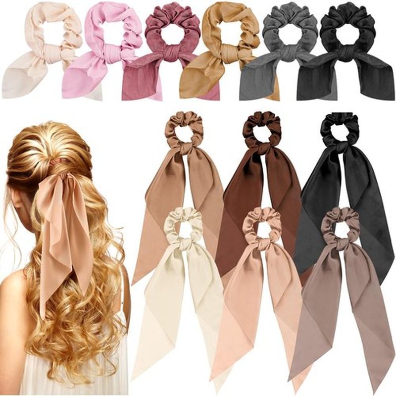 12 Pcs Hair Accessories for Women Hair Bows Scrunchies Scarf Ties Bunny Ears Silk Satin Scrunchies Hair Ribbons Hair Scarf Hair Ties with Bows for Women Lady(Dark Color)