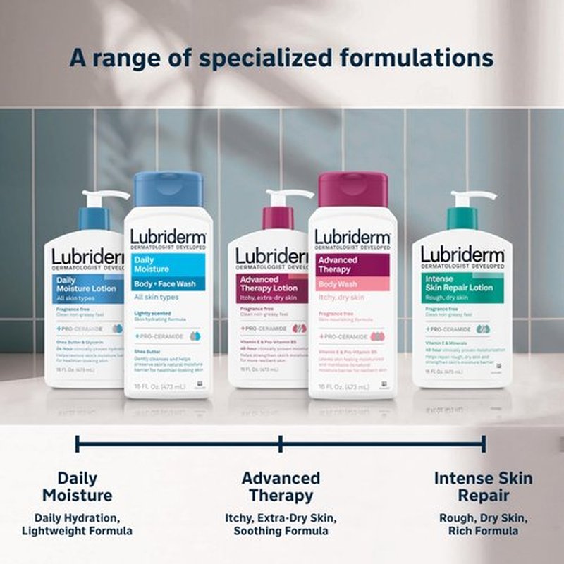 Lubriderm Advanced Therapy Body Wash, Unscented Nourishing Cleanser with Pro-Ceramide, Vitamin E & Pro-Vitamin B5 Gently Cleanses Itchy, Dry Skin, Fragrance Free, Hypoallergenic, 16 fl. oz