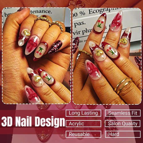 Handmade Acrylic Press On Nails Almond, Red Press On Nails Medium, Ombre Blush 3D Nails Red Chrome Cherry Bow Heart For Women Gift, Reusable Stick On Fake Nails Kit With Nail Glue(Crimson Cutie-M)
