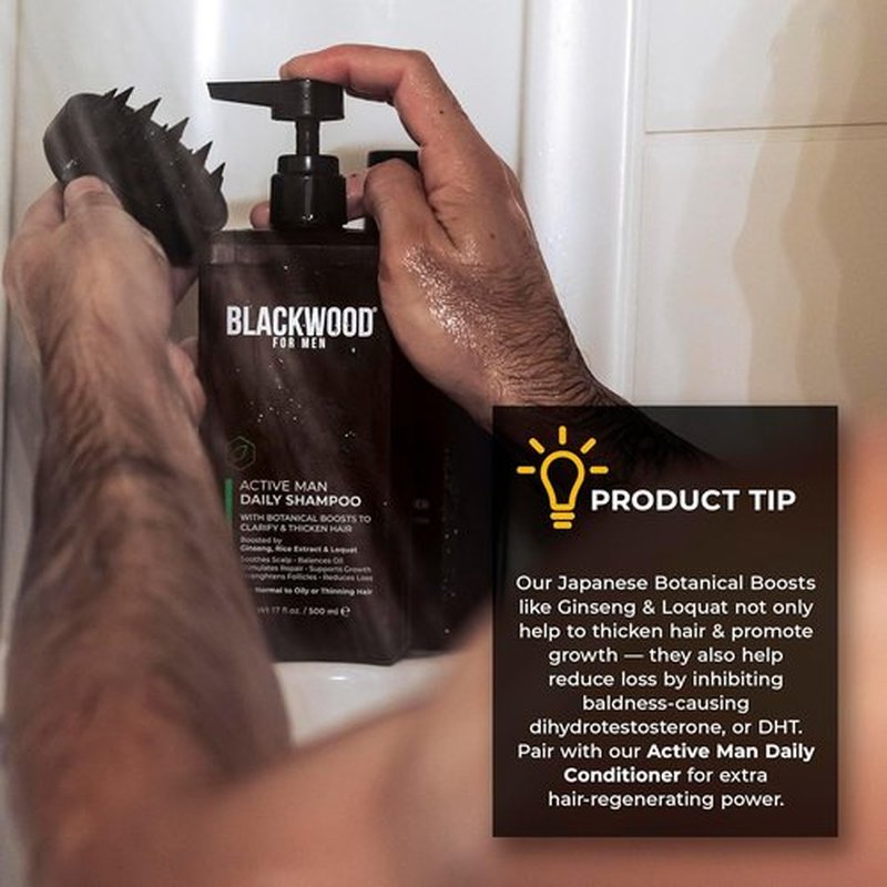 Blackwood For Men Active Man Daily Shampoo - Thickening & Clarifying Formula for Oily Hair - Natural Vegan, Sulfate-Free with Ginseng & Aloe Vera (17oz)
