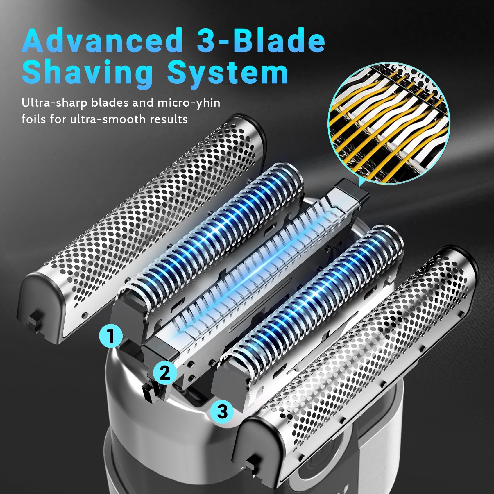 LYRSLF Electric Foil Shavers for Men: Mini Electric Razor, Foil Shaver for Face, IPX7 Waterproof Wet Dry Cordless Razor with 3 Floating Blades, LED Display for Travel & Home, USB Type C