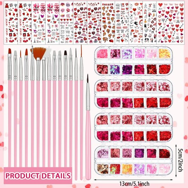 72 Set Valentine‘s Day Nail Charm 12 Pieces 3D Heart Nail Charm 48 Grids Heart Glitter Sequins for Valentine‘s Day Nail Art 12 Sheet Valentine‘s Day Nail Sticker with Nail Brushes Gems for Women Girls