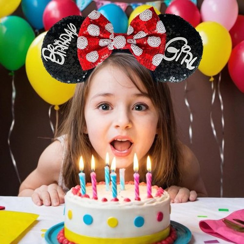 Tarocynn Birthday Mouse Ears Headband, Sequin Bow Headbands for Women Party Favors Cosplay Accessories (Black Birthday)