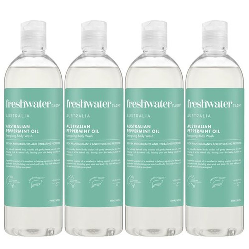 Freshwater Farm Australia Naturally Derived Shower Gel Body Wash - Paraben, Phthlate Free, Energizing Australian Peppermint Oil - Moisturizing Body Wash for Women - 16.9 fl oz 4PK