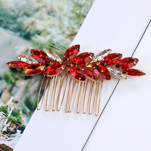 Dizila 7 Pieces Decorative Red Party Prom Wedding Bridal Rhinestone Hair Side Comb+U-shaped Hair Pins Accessories for Women Girls Brides Bridesmaids