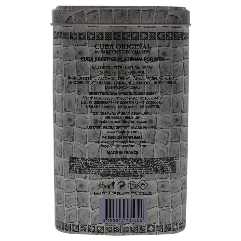 Cuba Original by Parfums Des Champs Prestige Platinum by Cuba, 3 oz Eau De Toilette Spray for Men (CUBPRPM0009002)