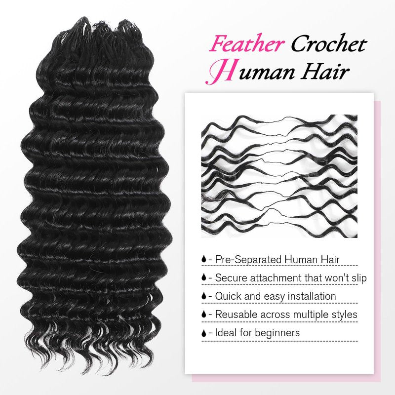 Urbeauty Feather Crochet Human Hair for Black Women, Deep Wave for Boho Braids, Pre-Looped, Knotless & Invisible Finish, 100% Human Hair, Soft, Lightweight & Reusable, Beginner-Friendly