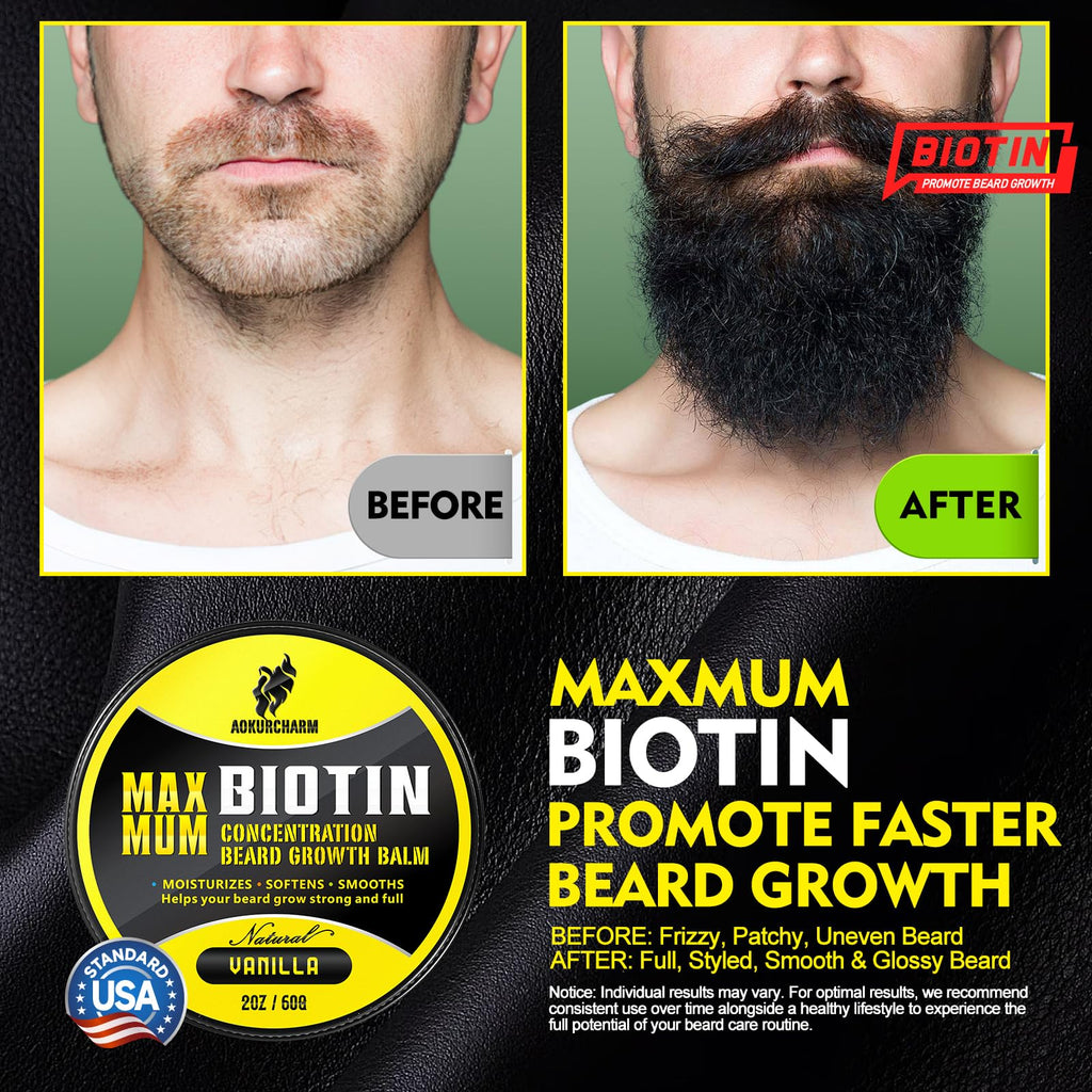 aokur Biotin Beard Balm for Men – Vanilla Beard Balm for Growth & Styling – With Castor Oil, Jojoba & Shea Butter – Softens & Thickens – 2 OZ