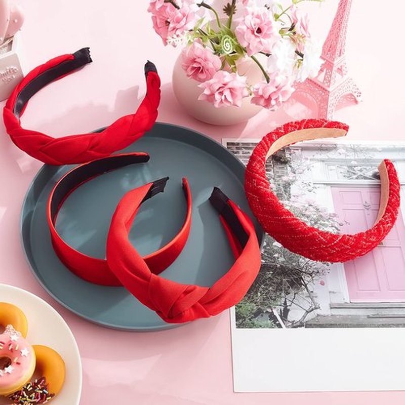 Taiyin 4 Pack Red Headbands for Women, Knotted & Braided Satin Velvet Hairbands, Criss Cross Wide Headband Set, Valentine's Day Gift Hair Accessories