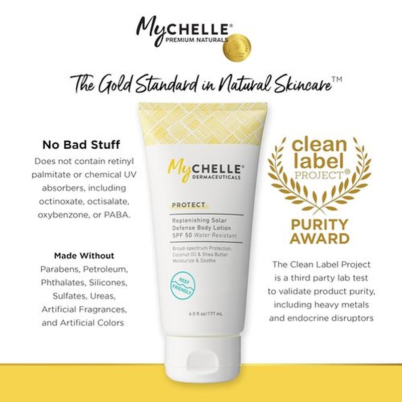 MyCHELLE Dermaceuticals SPF 50 Replenishing Solar Defense Body Lotion - Moisturizing, Reef Safe Sunscreen (6 Fl Oz)