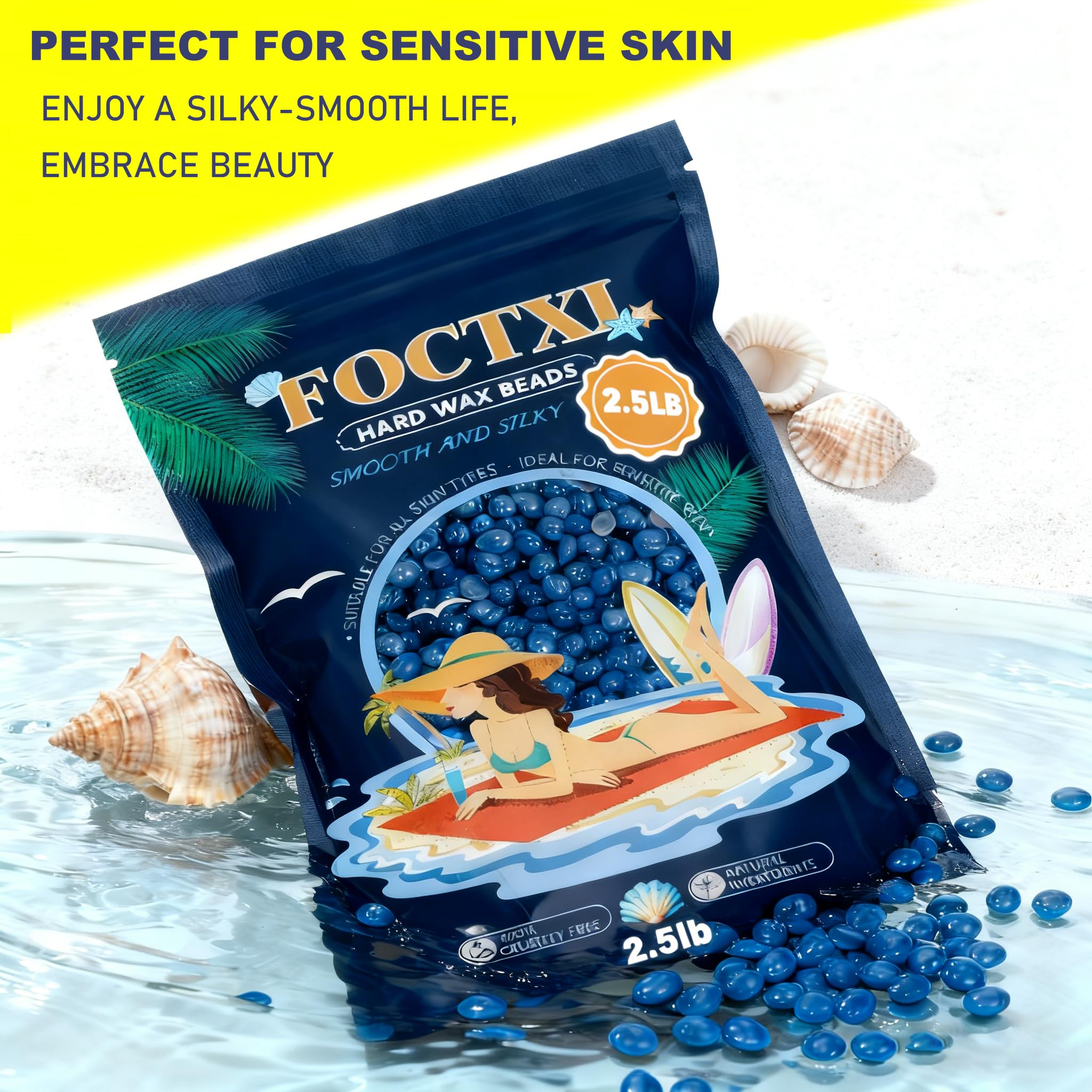 FOCTXI Hard Wax Beads, 2.5lb Wax Beans for Hair Removal Sensitive Skin + 10 Large Applicator Sticks - Coarse Hair Formula – Brazilian Bikini, Face, Eyebrows, Underarms, Arms, Chest, Back, Legs