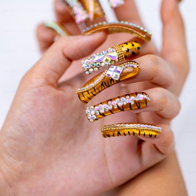 IntoVibes Leopard Cat Eye Rhinestone Press On Nails Handmade Curved Down Groove Design, Gold Metallic Long Nails with 3D AB Crystals, Heavy Detail Luxury Fake Nail Tips, Square Acrylic Nails (M)