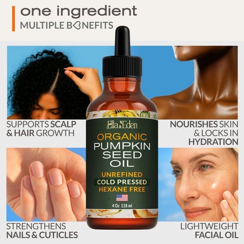 Ella & Eden Organic Pumpkin Seed Oil for Hair Growth - Cold-Pressed Hexane-Free Unrefined - 100% Pure USDA Certified - 4 Fl Oz Glass Bottle