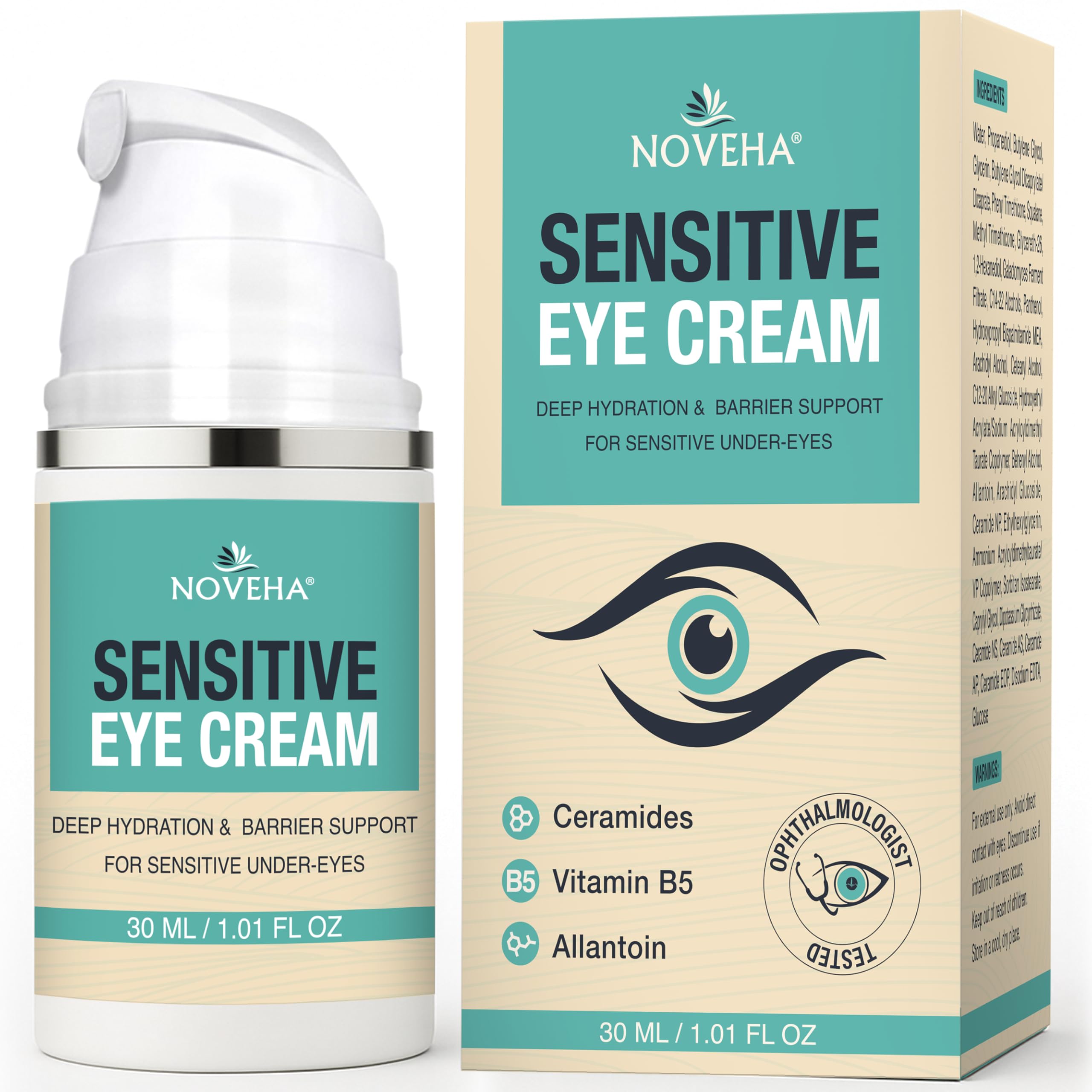 NOVEHA Hydrating Eye Cream for Sensitive Skin (30 ml), Eye Moisturizer for Dry Eyelids & Under Eyes, Vegan Ceramide Eyelid Cream, Anti-Aging Eye Cream for Fine Lines & Puffiness, Fragrance-Free - 1 oz