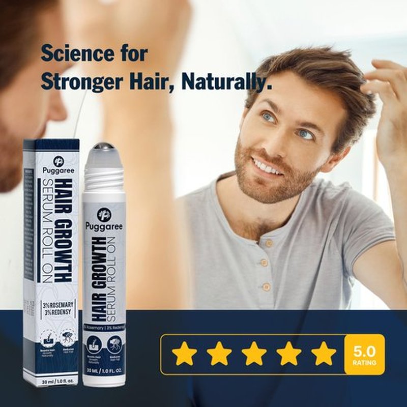 Puggaree Redensyl Hair–Growth–Serum Roll On – 3% Rosemary, 3% Redensyl, DHT-Blocking Scalp Serum for Thicker, Fuller Hair – For Women & Men (30 ml)