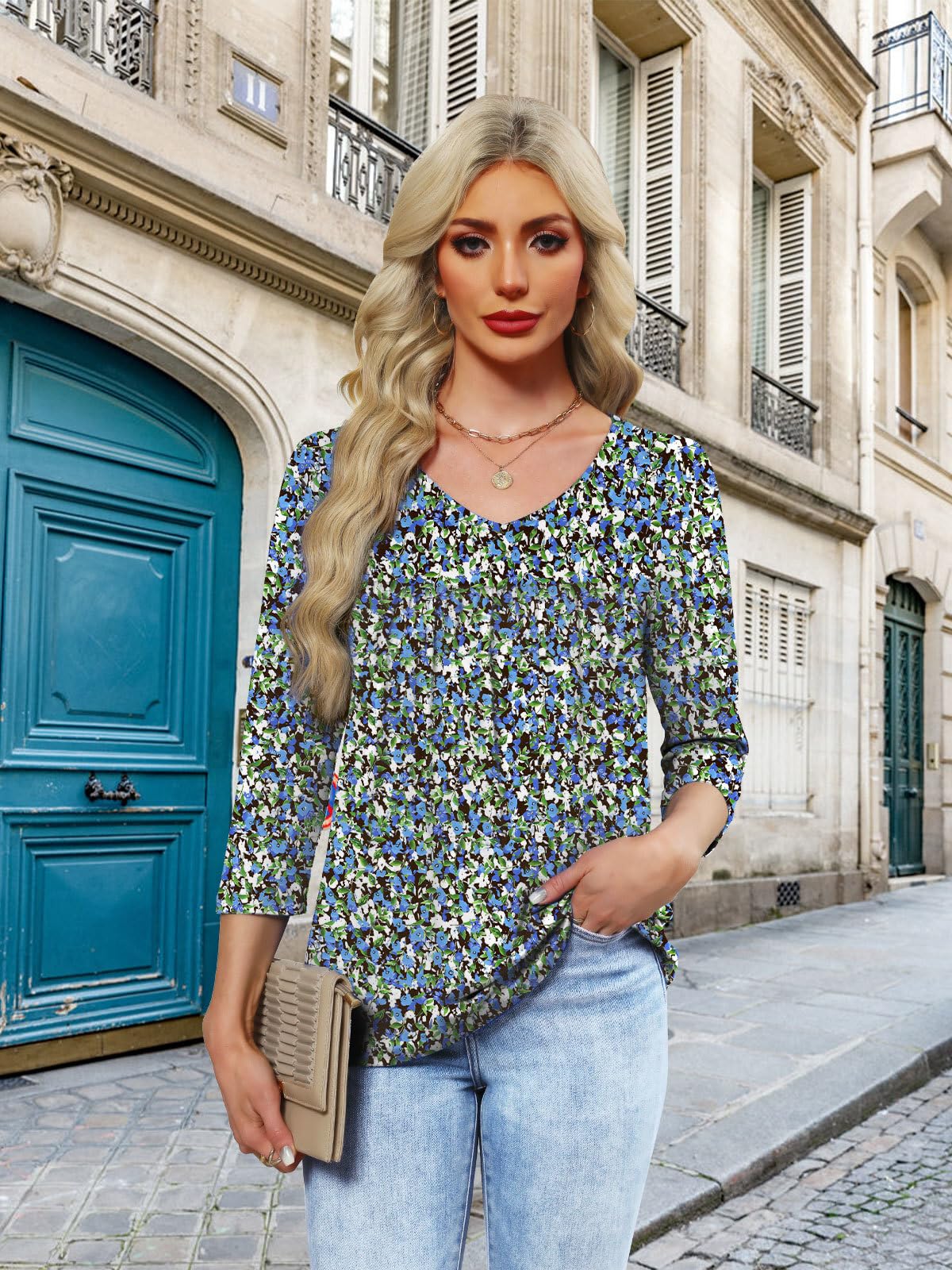 Lylinan Womens V Neck 3/4 Sleeve Tunic Shirts Casual Loose Fit Spring Summer Blouse Style Clothing S-XXL