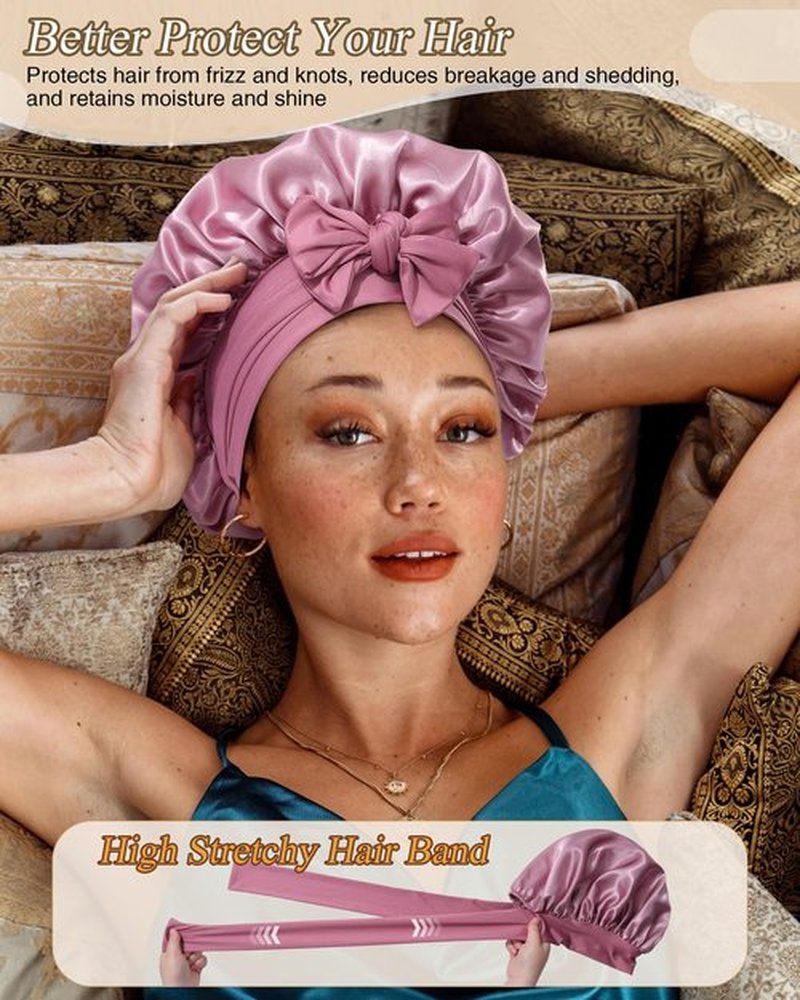 2 PCS Satin Bonnet Hair Bonnet for Sleeping Women Satin Hair Wrap with Elastic Tie Band Sleep Night Cap for Curly Hair (Bean Paste+Pink)