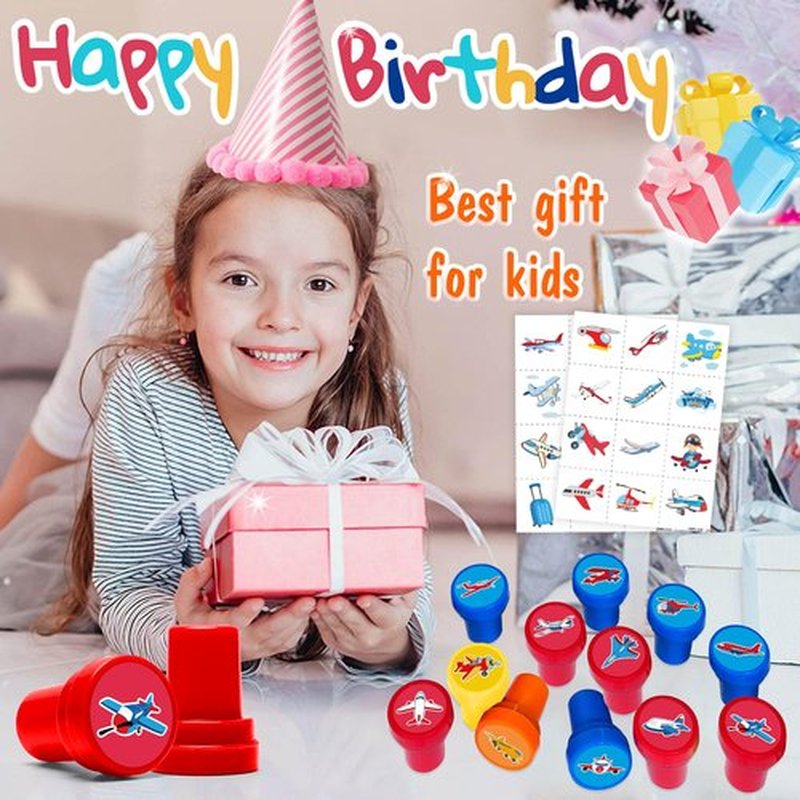36PCS Airplane Party Favors - 24PCS Pre-Cut Temporary Tattoos & 12PCS Stamps - Ideal Aircraft Themed Birthday Card Decorations Supplies Goodie Bag Baby Shower Kids Gifts Classroom Rewards Prizes