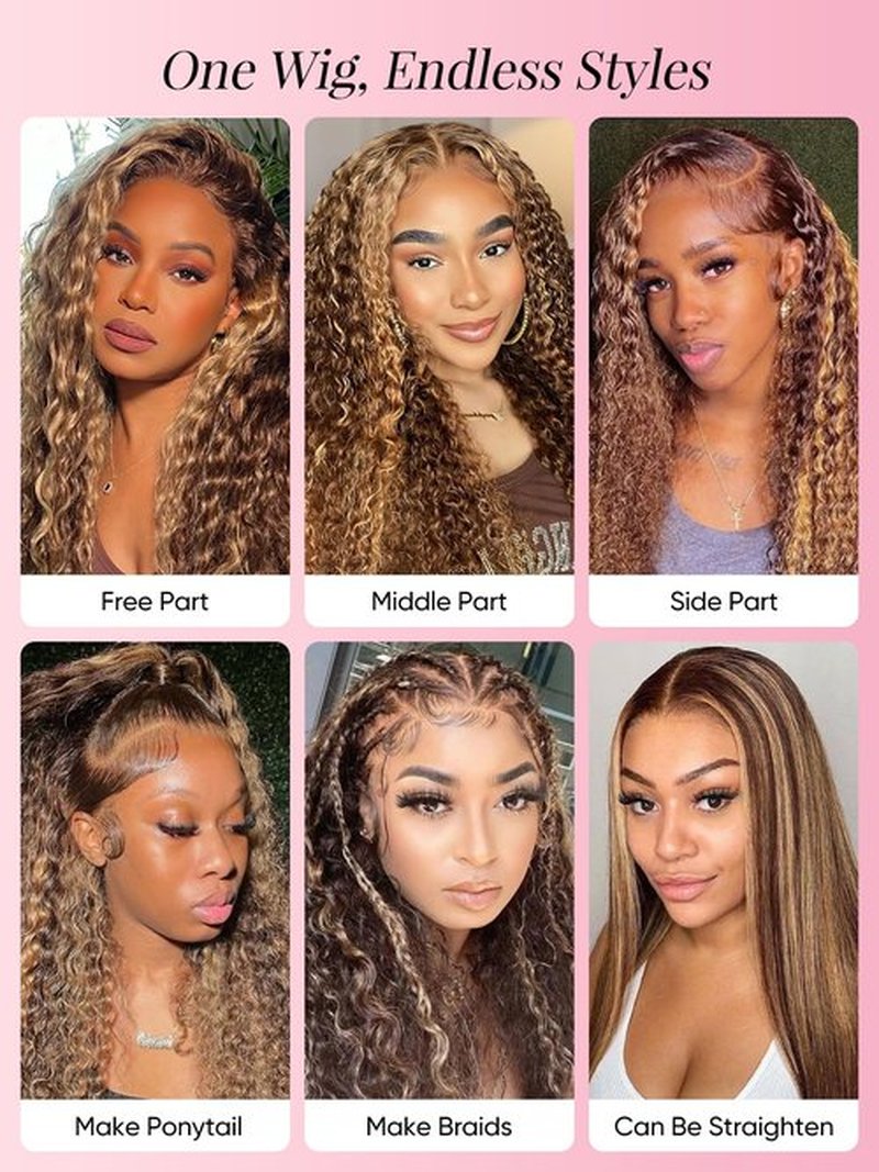 NOELLA Highlight 13x6 HD Lace Front Wigs Human Hair 20 Inch Honey Blonde Ombre Water Wave Lace Frontal Human Hair Wigs 210% Density Wet and Wavy Highlighted Curly Glueless Wig For Black Women