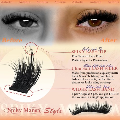 Thick Lash Clusters With Spikes 180D+280D Volume Eyelash Clusters 12-22MM Long Manga Lash Extension Spiky Cluster Eyelash Extensions 224Pcs Manga Individual Lashes DIY at Home by Anforlin