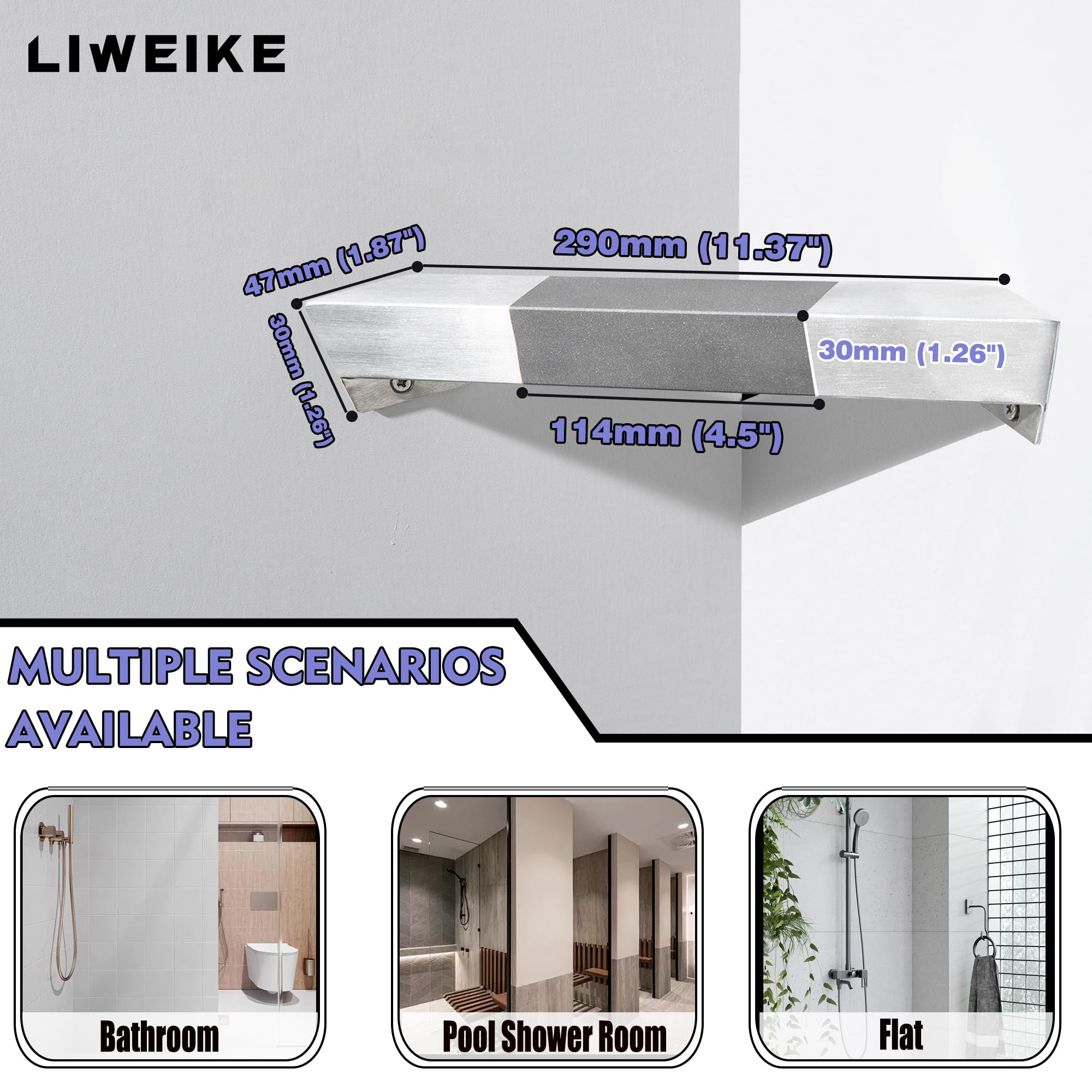 LIWEIKE Brushed Nickel Shower Foot Rest Bar Wall Mount Shower Stool for Shaving Legs Non-Slip Scrub Shower Foot Step Square Corner Shower Shaver Foot Rest