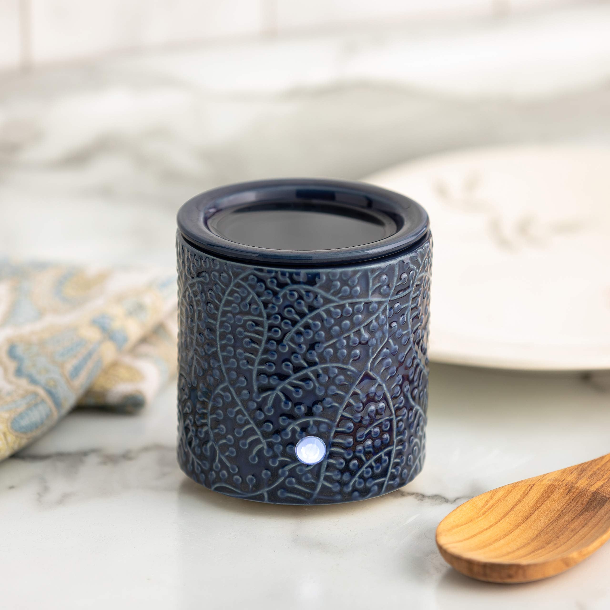 JULIE ANN HOME Blue Leaf Ceramic Candle Warmer Electric with Safety Timer | Automatic Plug in Fragrance Warmer for Scented Wax Melts, Cubes, Tarts | Air Freshener Set for Home decor, Office,&Gifts