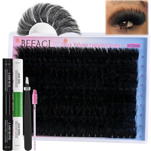 Lash Clusters Kit Fluffy Eyelash Extensions Kit 280D Individual Eyelashes Kit 14-25mm DIY Lashes Extension Kit with Lash Bond and Seal, Lash Applicator, Mega Volume False Eyelashes Kit by BEFACL