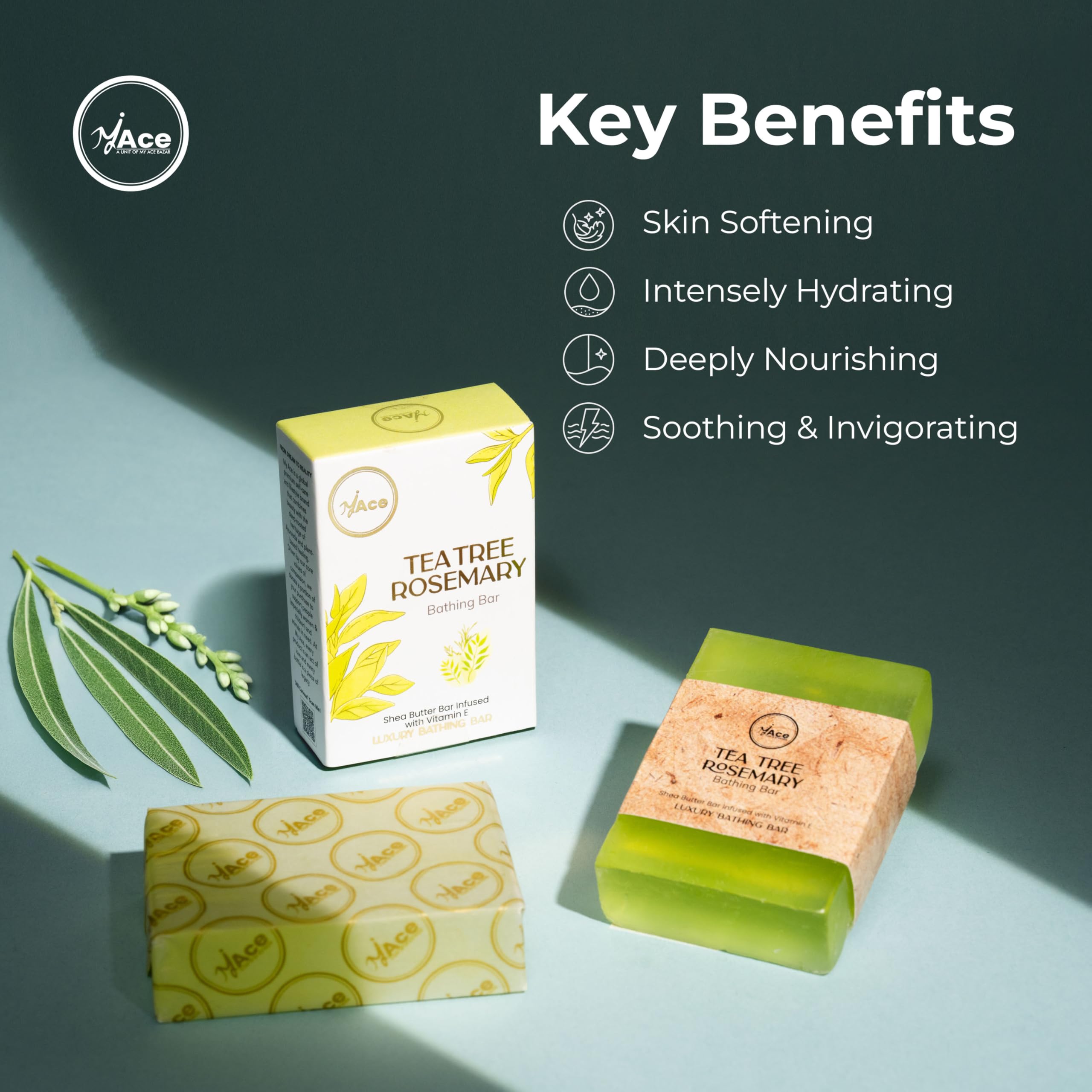 MY ACE Tea Tree & Rosemary Bathing Bar Soap for Men & Women - Handmade with Essential Oil, Coconut Oil, Shea Butter & Vitamin E for Skin Cleansing, Moisturizing - SLES Free - For Face, Hair, Body Wash
