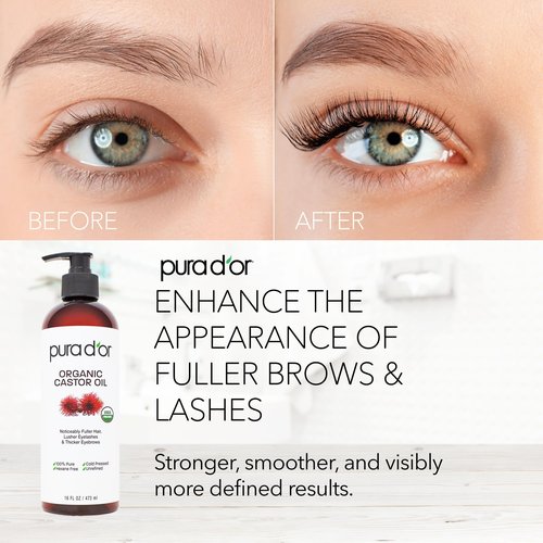 PURA D'OR 16 Oz Organic Castor Oil – Pure Cold-Pressed Hexane-Free USDA Certified – Lashes Brows Hair Scalp Skin – Botanical Moisturizer for Softness Strength Hydration Shine Radiance – Bulk Size