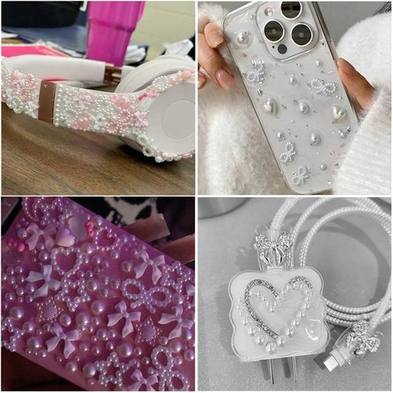 SEMATA Flatback Nail Art Pearls Charms Pink White Bow Nail Gems Mixed Size Nails Pearls Charms Moon Heart Nails Art Accessories Decoration Design for Women