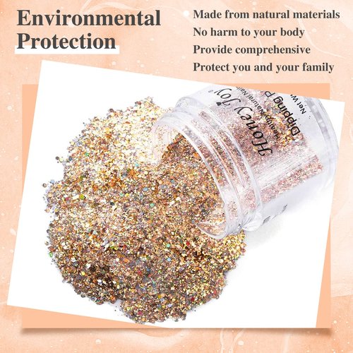 28g/Box Champagne Color Shine Glitter Hexagon Sequins Paillette Dip Powder Nails Dipping Nails Long-Lasting Nails No UV Light Needed (HJ-ND064B-No.137)