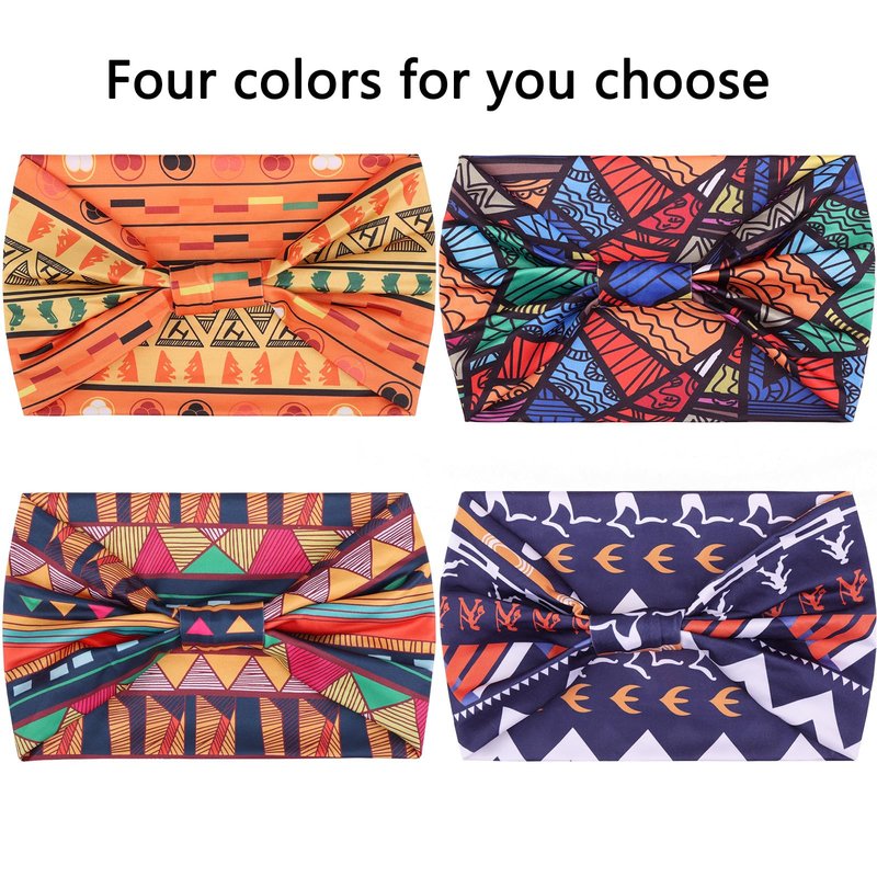 XTREND 4 Packs Wide Headbands for Women Fashion Head Wraps Boho Printed Hair Stretchy Knotted African Headbands Suitable For Outdoor Sport Yoga Girls Bandeau Hair Accessories