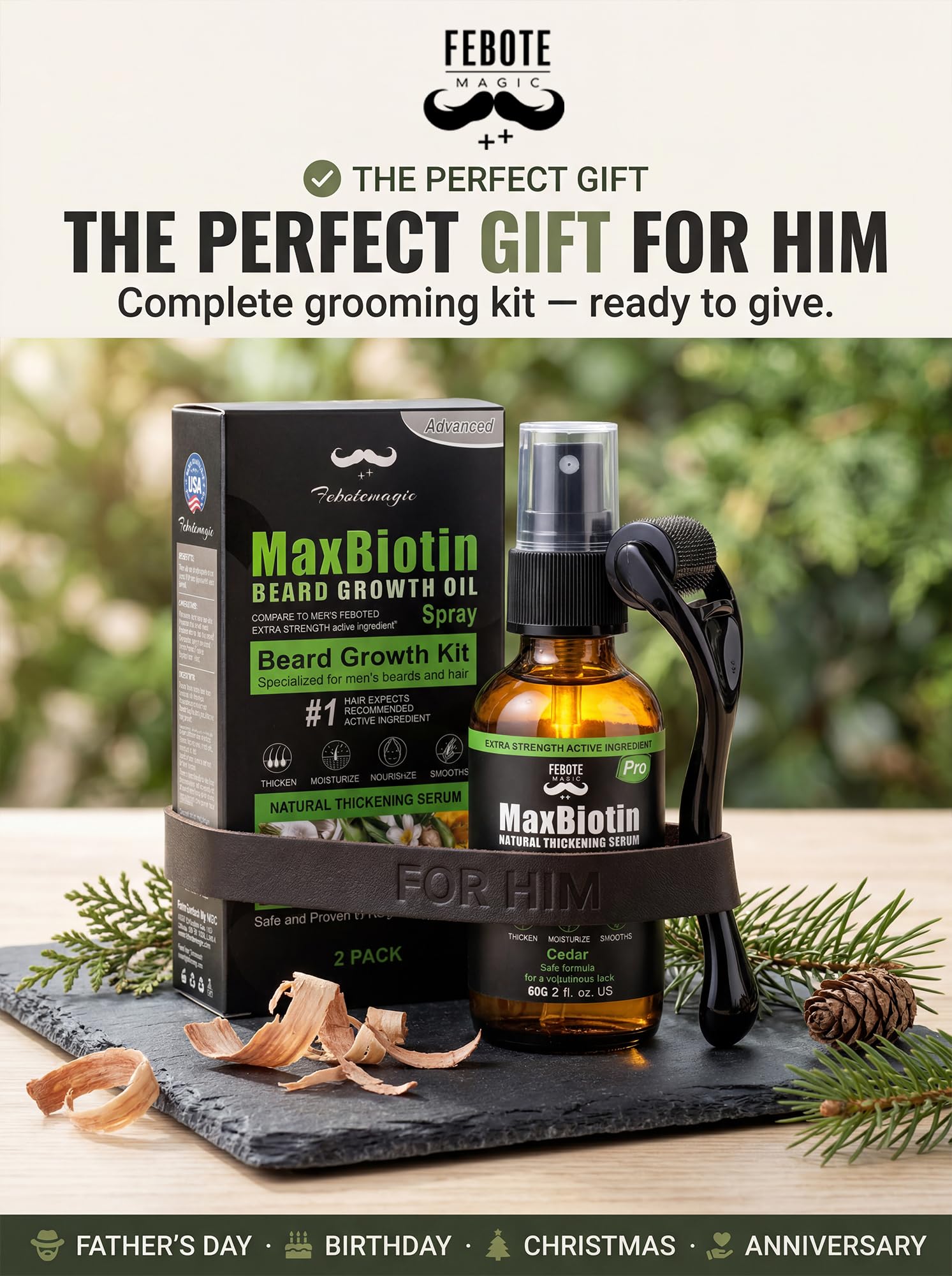 FEBOTE Patchy Beard Growth Kit for Men - Thickening Spray with Biotin & Castor Oil + Derma Roller - Cedar Beard Serum for Thicker Fuller Facial Hair - Natural Grooming Gift Set for Him