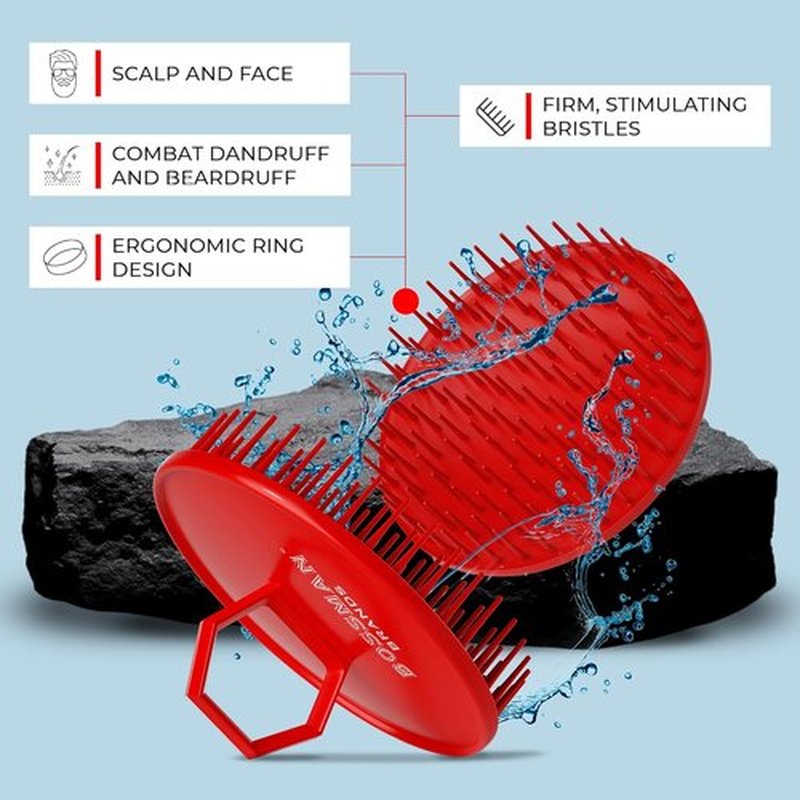 Bossman Scalp Massager & Shampoo Brush - 3 Inch Red Exfoliator for Hair & Beard Care with Firm Bristles