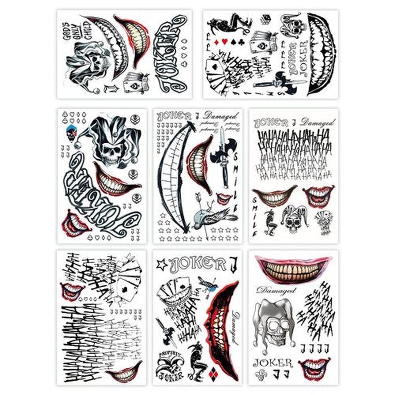 8 Sheets Joker Tattoos, Large-Size Waterproof Halloween Temp Tattoo for Men Women Adults, Suicide Squad Fake Stickers for Clown Costume Masquerade Cosplay Face Makeup Party Accessories