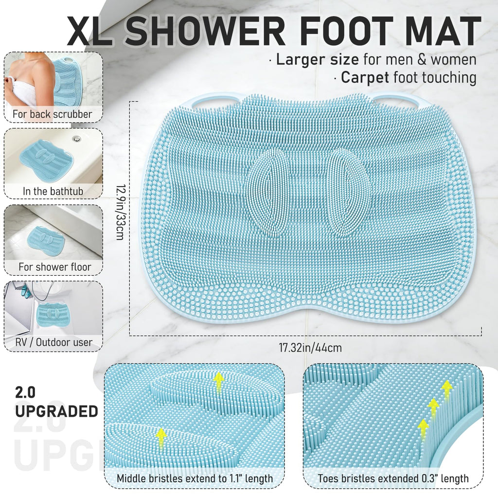 Mabnuby XL Shower Foot Scrubber Mat, Silicone Feet Massage Scrubber in Shower Clean Foot Toes Pad without Bending Non-slip Suction Cups -Blood Circulation Exfoliate Achy Relief 17.4*13.4" Light Blue