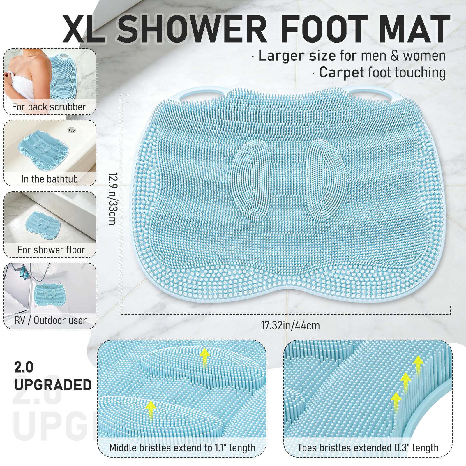 Mabnuby XL Shower Foot Scrubber Mat, Silicone Feet Massage Scrubber in Shower Clean Foot Toes Pad without Bending Non-slip Suction Cups -Blood Circulation Exfoliate Achy Relief 17.4*13.4" Light Blue