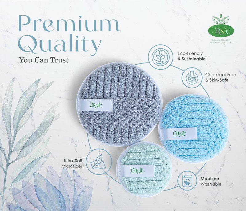 Ornic Reusable Makeup Remover Pads – Ultra-Soft Microfiber Face Pads – Eco-Friendly Facial Cleansing Discs for All Skin Types – 3 Sizes for Full Face & Eyes