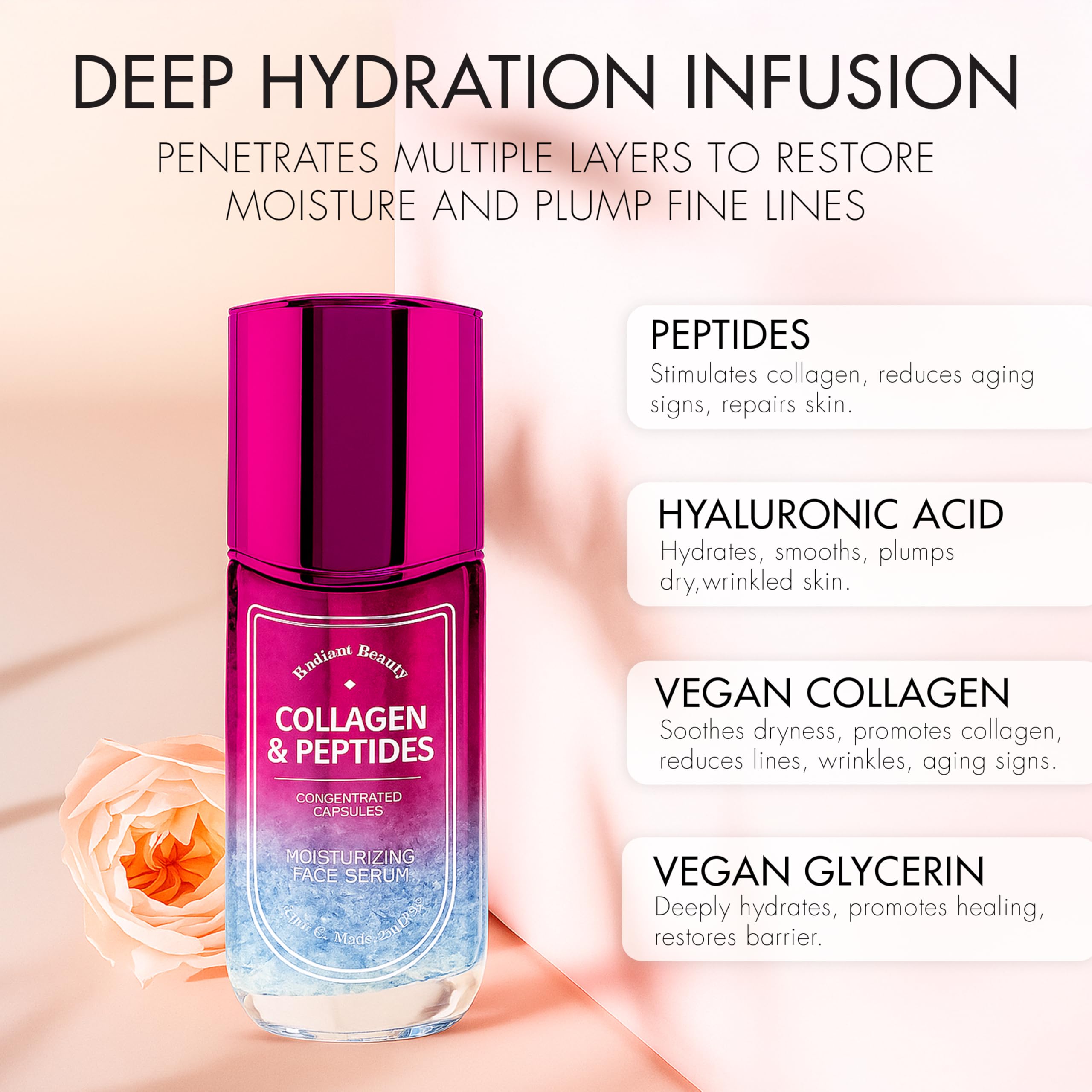 Radiant Beauty Peptides Serum for Face with Collagen – Dermatologist Tested, Anti Aging, Korean Skin Care – Firming & Hydrating for Youthful Looking Skin – Vegan Clean Beauty, Cruelty Free 1.69 Fl Oz