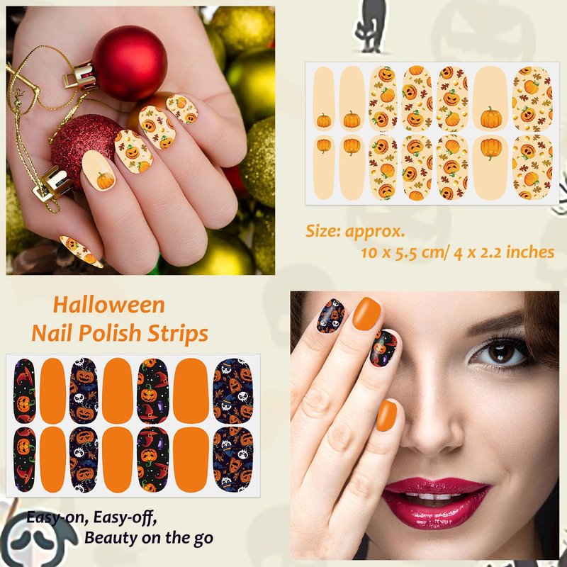 XEAOHESY 30 Sheets Maple Leaf Theme Halloween Stick On Nail Polish Strips Nail Stickers Decals Holiday Full Nail Wraps for Women Halloween Nail Art