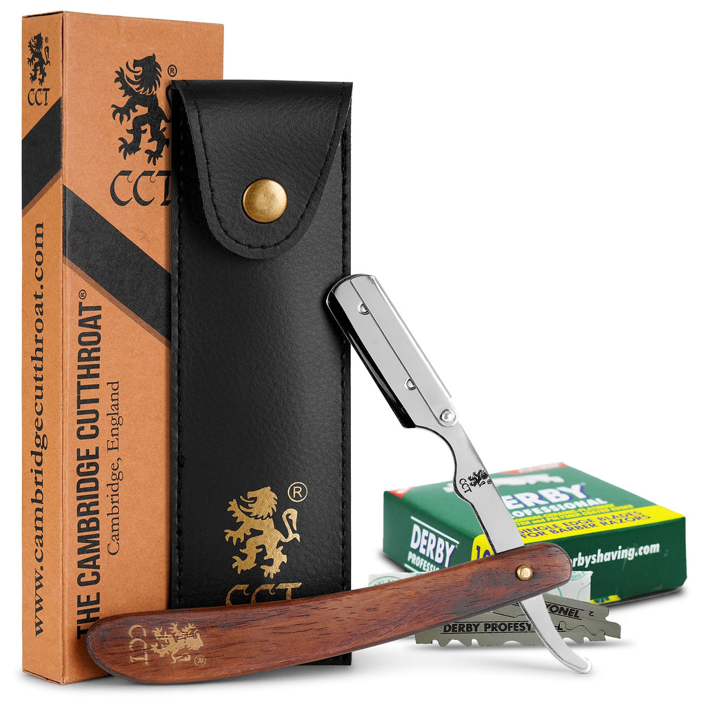 Cambridge Cutthroat Open Blade Razor for Men - Stainless Steel Handle, Swing-Lock Single Edge Cut Throat Razor with Leather Travel Pouch, Beard Shaping & Wet Shaving (10 Blades Included)