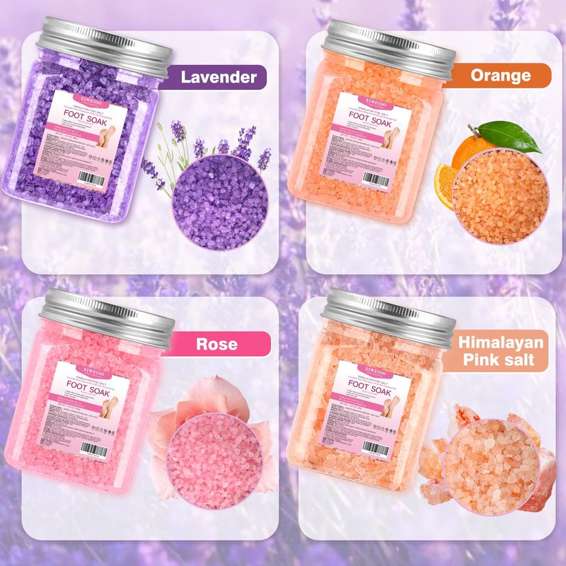 XIWEIOO 4 Pack Foot Soak Salts Kit Himalayan Pink Salt Tea Tree Oil Lavender rose Pure Epsom Salt Soak Pedicure Salt Softens Calluses & Soothes Foot Care Gifts for Mom women