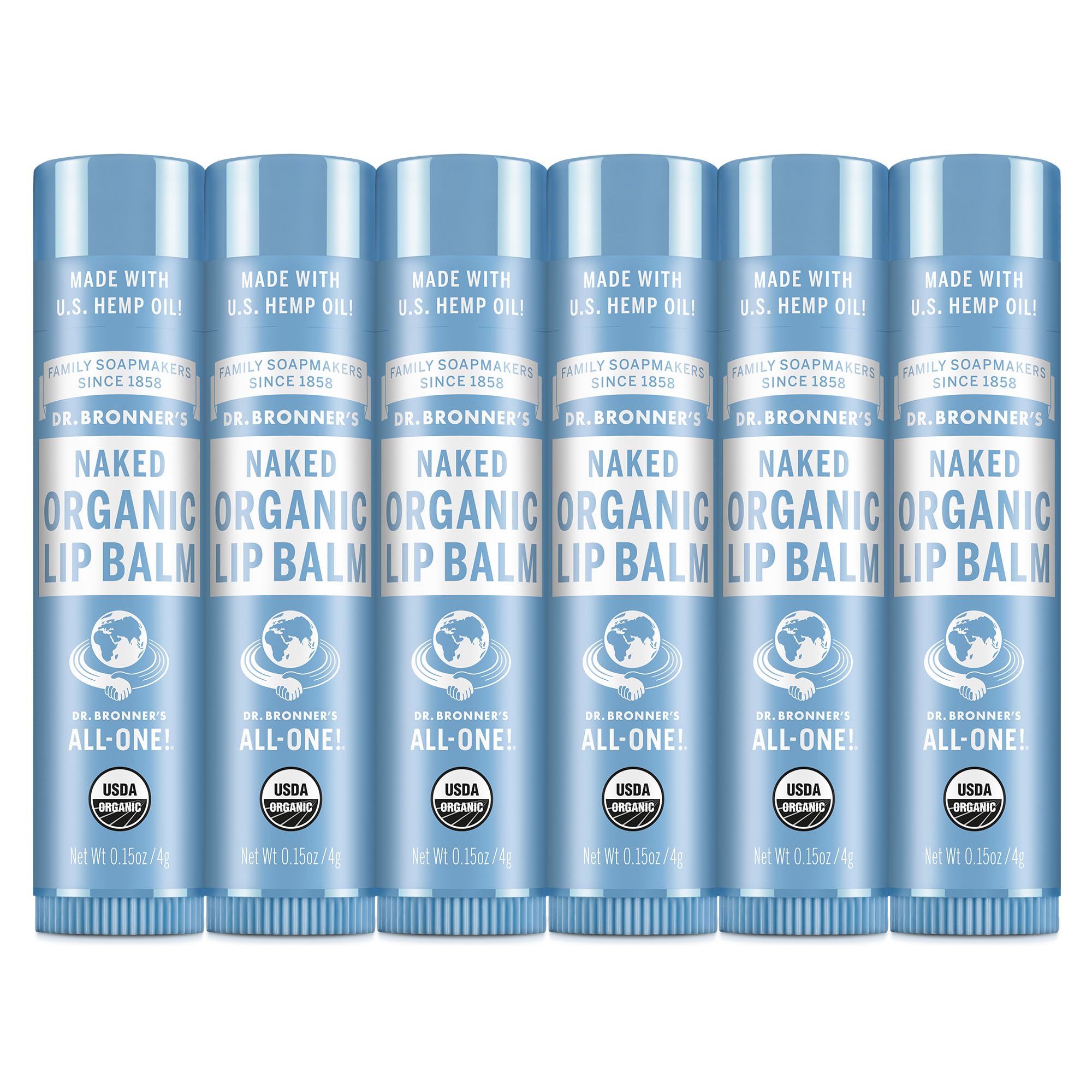 Dr. Bronner’s Organic Lip Balm 6-Pack (.15oz) Natural, Moisturizing, Petroleum-Free Lip Moisturizer with Beeswax & Avocado Oil for Dry Lips, Men & Women - Unscented