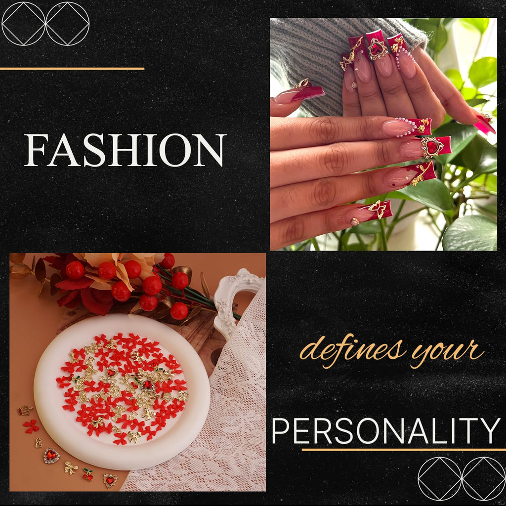 YAEISM Gold Nail Charms 100pcs - 7 Styles Red Bow, Crystal Cherry, Heart, Sparkly Crown, Bowknot Art Gems Rhinestones for Women and Girls
