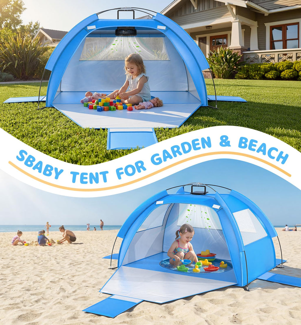 Dsquu Baby Beach Tent Solar Cooling Fan, Anti-UV Toddler Beach Tent Sun Shelter Portable Travel Fan Beach Shade Tent, Baby Play Tent Built-in Ceiling Fan Sun Shelters Toddler Beach Essentials Blue