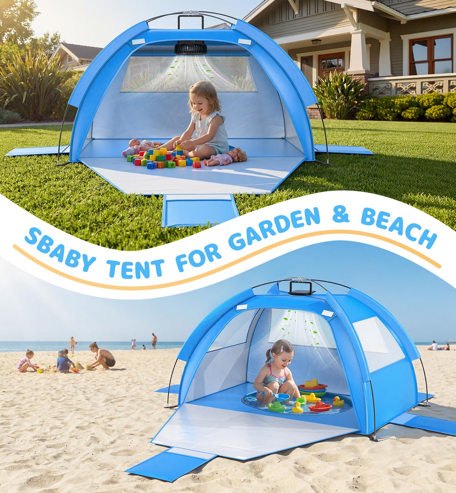 Dsquu Baby Beach Tent Solar Cooling Fan, Anti-UV Toddler Beach Tent Sun Shelter Portable Travel Fan Beach Shade Tent, Baby Play Tent Built-in Ceiling Fan Sun Shelters Toddler Beach Essentials Blue