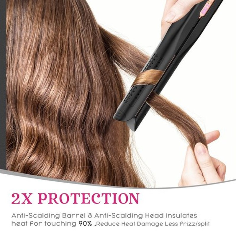 SKIMI Airflow Styler, Titanium Flat Iron Hair Straightener, Professional Curling Iron with Cooling Air Vents to Lock in Style, 5 Temps & Dual Voltage, Auto Off (Black & Gold Pink).